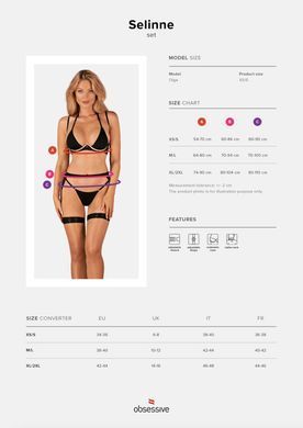 Комплект белья: бюстгальтер, стринги, пояс для чулок Obsessive Selinne 3-pcs set Black, размер XS/S картинка