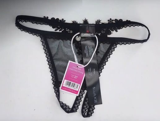 Трусики з ажурною вставкою та відкритим доступом Obsessive Celia Noir crotchless thong, розмір XL/2XL зображення