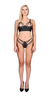 Комплект з еко-шкіри з люверсами та ремінцями: бра та трусики Passion Malwia Bikini black, розмір 6XL/7XL зображення
