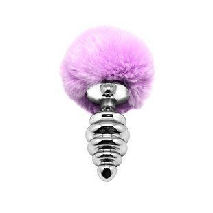 Металлическая анальная пробка Кроличий хвостик Alive Fluffly Twist Plug Purple, размер L (ребристая) картинка
