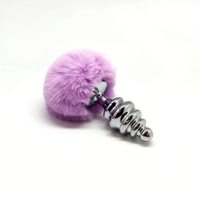 Металева анальна пробка Кролячий хвостик Alive Fluffly Twist Plug Purple, розмір L (ребриста) зображення