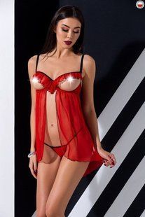 Сексуальний пеньюар + стрінги Passion Exclusive CHERRY CHEMISE red S/M зображення