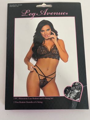 Сексуальный кружевной комплект со стразами Leg Avenue Strappy bralette and g-string Black, размер L картинка