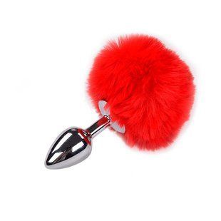 Металлическая анальная пробка Кроличий хвостик Alive Fluffly Plug Red, размер S картинка