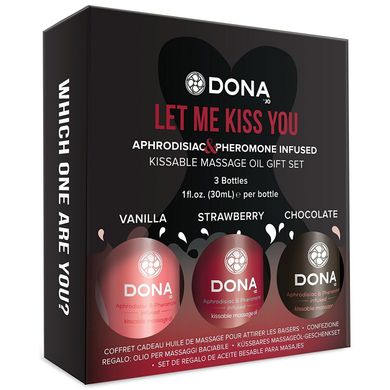 Набор массажных масел с афродизиаками и феромонами DONA Let Me Kiss You (3 шт по 30 мл) картинка