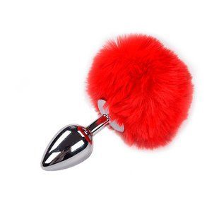 Металлическая анальная пробка Кроличий хвостик Alive Fluffly Plug Red, размер M  картинка