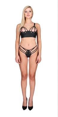 Комплект з еко-шкіри з люверсами та ремінцями: бра та трусики Passion Malwia Bikini black, розмір S/M зображення