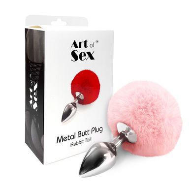 Анальная пробка с нежно-розовым хвостиком Art of Sex Metal Butt plug Rabbit Tail, размер М (диаметр 3,5 см, металл) картинка
