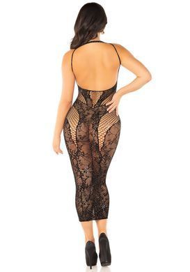 Довга сукня-сітка зі стразами Leg Avenue Rhinestone Lace and Net Bodycon Dress One Size, Black зображення