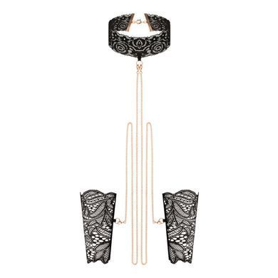 Мереживні наручники та нашийник з ланцюжками Rosy Gold Lace Cuffs and Collar Black зображення