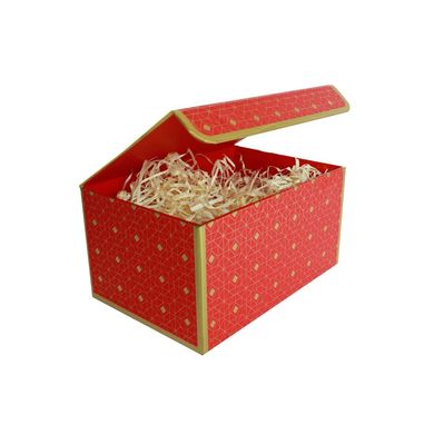 Подарункова коробка червона з золотим геометричним малюнком, розмір L (25,3×18×13,5 см) зображення
