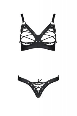 Комплект з екошкіри: відкритий бра зі стрічками, стрінги зі шнурівкою Passion Celine Bikini black, розмір 4XL/5XL зображення
