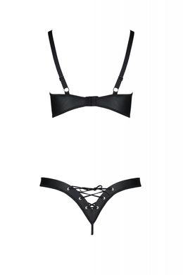 Комплект з екошкіри: відкритий бра зі стрічками, стрінги зі шнурівкою Passion Celine Bikini black, розмір 4XL/5XL зображення