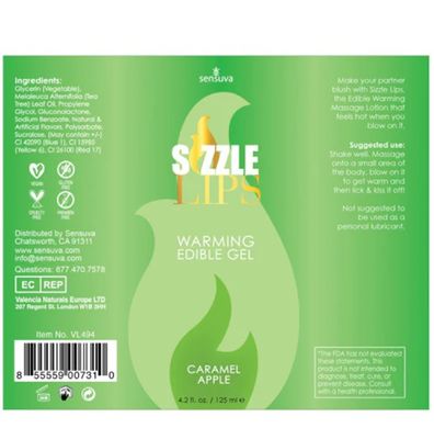 Їстівний зігріваючий масажний гель Sensuva Sizzle Lips Caramel Apple, яблучна карамель (125 мл) зображення
