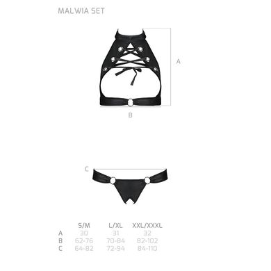 Комплект: відкритий топ та трусики з еко-шкіри із люверсами Passion Malwia Set with Open Bra black, розмір L/XL зображення