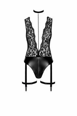 Боди с кружевным верхом и подвязками Noir Handmade F297 Libido Deep-V bodysuit with collar, perl chain and garter, размер S картинка