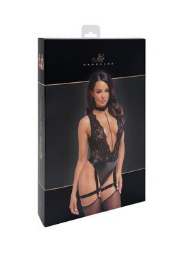 Боди с кружевным верхом и подвязками Noir Handmade F297 Libido Deep-V bodysuit with collar, perl chain and garter, размер S картинка
