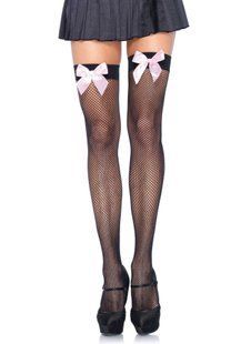 Панчохи-сітка з рожевим атласним бантиком Leg Avenue Fishnet Thigh Highs With Bow OS Black & Pink зображення