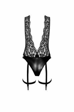 Боді з мереживним верхом та підв'язками Noir Handmade F297 Libido Deep-V bodysuit with collar, pearl chain and garter, розмір M зображення
