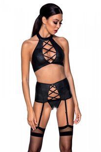 Комплект із еко-шкіри: топ, трусики, пояс для панчох Passion Nancy Set black, розмір L/XL зображення