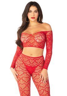Костюм-сетка с сердечками Leg Avenue Off The Shoulder Top and Footless Tights One Size, Red картинка