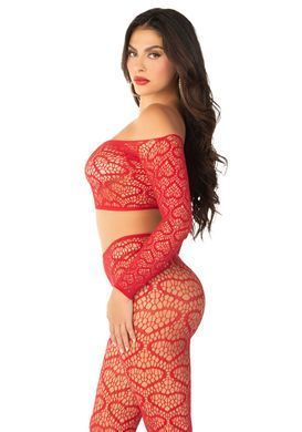 Костюм-сетка с сердечками Leg Avenue Off The Shoulder Top and Footless Tights One Size, Red картинка
