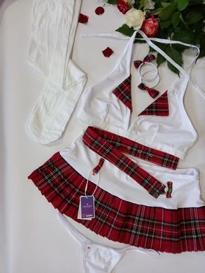 Эротический костюм школьницы: юбка, топ, стрнинги и чулки Obsessive Schooly 5 pcs costume, размер L/XL картинка