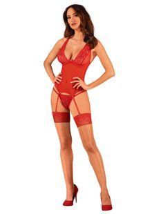 Прозорий корсет з підв&rsquo;язками для панчіх + стрінги Obsessive Lacelove corset Red, розмір XS/S зображення