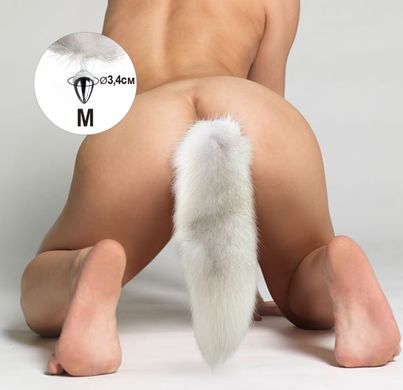 Металлическая анальная пробка с хвостом из натурального меха Art of Sex White fox, размер M (диаметр 3,4 см) картинка