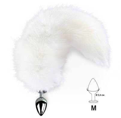 Металлическая анальная пробка с хвостом из натурального меха Art of Sex White fox, размер M (диаметр 3,4 см) картинка