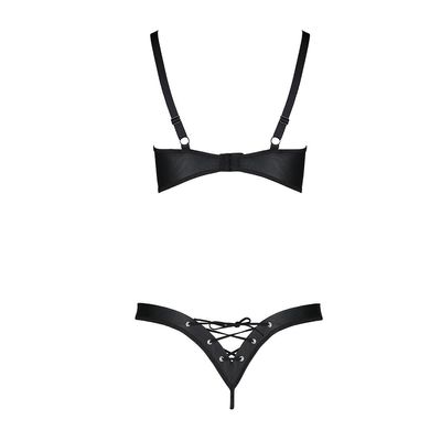 Комплект з екошкіри: відкритий бра зі стрічками, стрінги зі шнурівкою Passion Celine Bikini black, розмір L/XL зображення