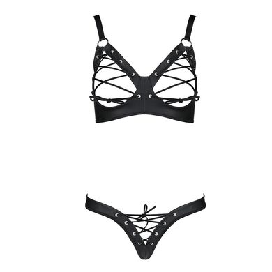 Комплект из экокожи: открытый бра с лентами, стринги со шнуровкой Passion Celine Bikini black, размер L/XL картинка