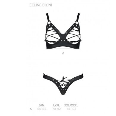 Комплект из экокожи: открытый бра с лентами, стринги со шнуровкой Passion Celine Bikini black, размер L/XL картинка