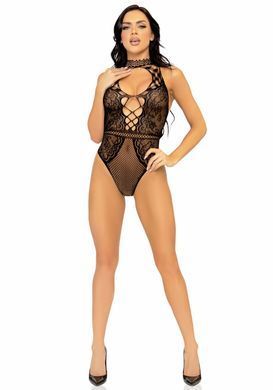 Ажурне боді з імітацією шнурівки Leg Avenue Net and lace halter bodysuit OS Black зображення