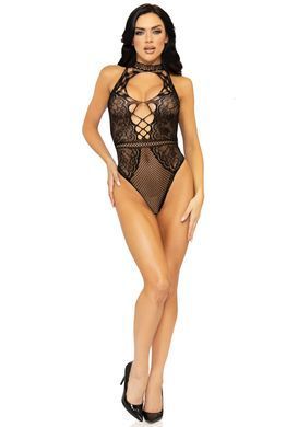 Ажурне боді з імітацією шнурівки Leg Avenue Net and lace halter bodysuit OS Black зображення