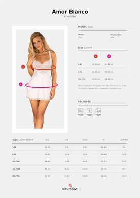 Еротична сорочка Obsessive Amor Blanco underwire chemise & thong white, розмір S/M зображення