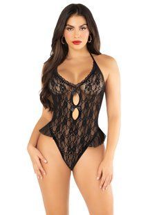 Мереживне боді Leg Avenue Lace Floral Lace Halter Teddy with Flutter Accent One Size, Black зображення