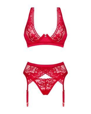 Комплект белья: бюстгальтер, стринги, пояс для чулок Obsessive Lacelove cupless 3-pcs set Red, размер XS/S картинка