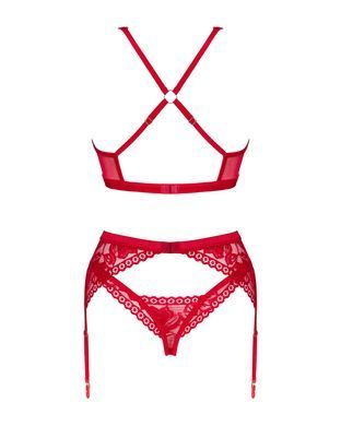 Комплект белья: бюстгальтер, стринги, пояс для чулок Obsessive Lacelove cupless 3-pcs set Red, размер XS/S картинка