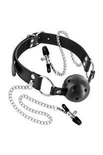 Повітропроникний кляп з зажимами для сосків Fetish Tentation Rigid Gag Ball with Nipple Clamps зображення
