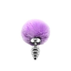 Металлическая анальная пробка Кроличий хвостик Alive Fluffly Twist Plug Purple, размер S (ребристая) картинка