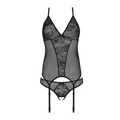 Корсет с пажами + трусики с ажурным декором и доступом Passion Ursula Corset black, размер S/M картинка