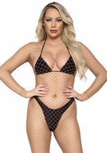 Бодистокинг в большую сетку с длинным рукавом Leg Avenue Long Sleeved Bodystocking Nude O/S картинка