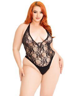 Мереживне боді Leg Avenue Floral lace deep-V teddy Black 1X/2X зображення