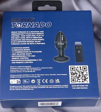 Анальная пробка с вибрацией-ротацией и пультом ДУ Nexus TORNADO Remote Control Rotating Butt Plug Black Small (диаметр 3,35 см) картинка