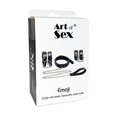 Кожаный набор BDSM: наручники, поножи, ошейник с поводком Art of Sex Emoji картинка